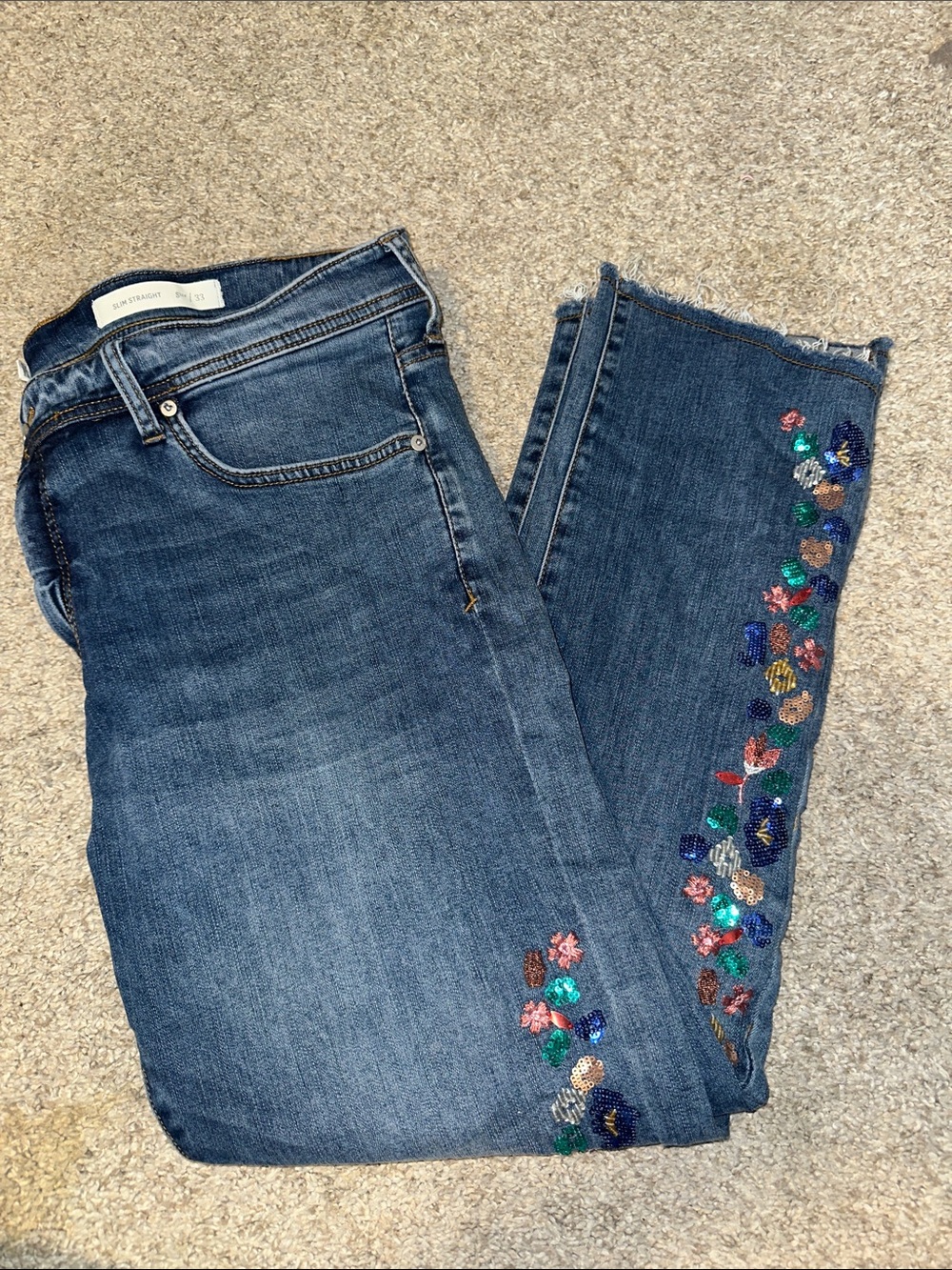 Pilcro Blue Straight-Leg Jeans with Multicolor Sequin Floral Embroidery